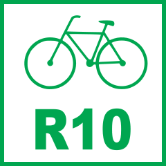 Для обозначения международных велосипедных маршрутов используются следующие знаки: основной знак - зеленая рамка и зеленые графические элементы на белом фоне
